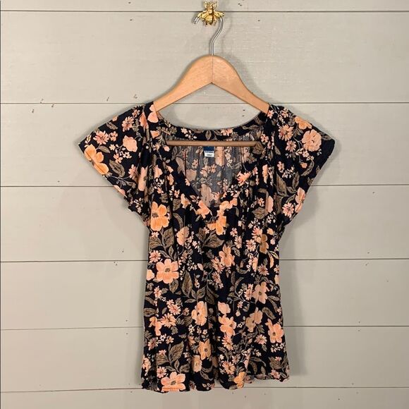 Old Navt Floral Black and Pink Women's ruffle feminine blouse spring small - Picture 1 of 7